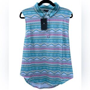 Bad Birdie Women's XXL Aqua Pink Aztec Print Sleeveless Comfy‎ Collar Golf Shirt